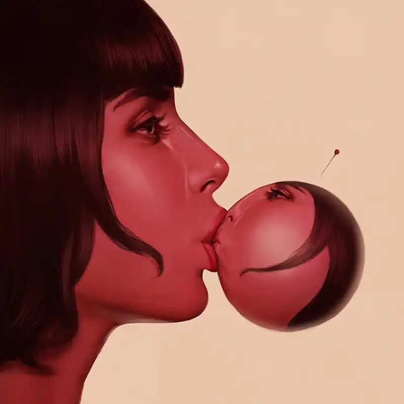 A girl with a red bubble gum